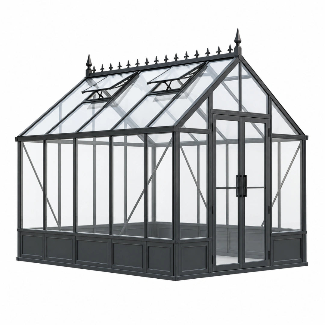Gewächshaus 300 x 240 x 280 cm aus Aluminium und Glas Schwarz mit Doppeltür und Dachfenstern