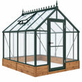 Gewächshaus 250 x 190 x 260 cm aus Glas und Metall in Dunkelgrün mit Holz-Hochbeet und Dachfenster