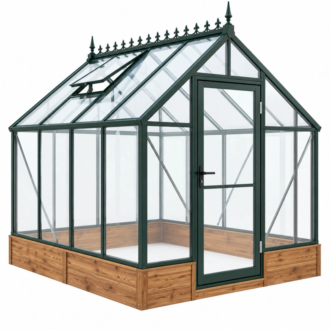 Gewächshaus 250 x 190 x 260 cm aus Glas und Metall in Dunkelgrün mit Holz-Hochbeet und Dachfenster