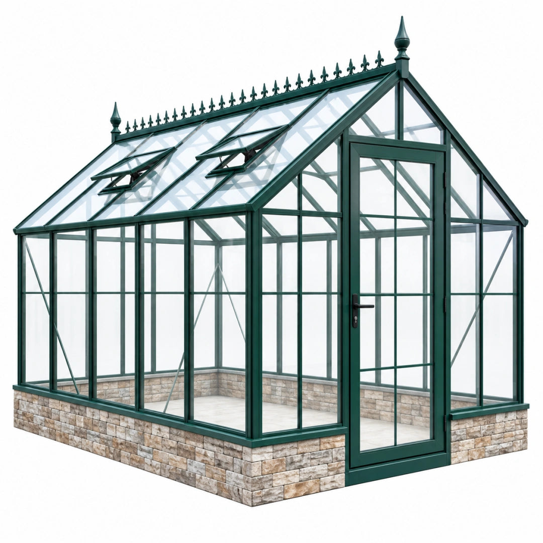 Gewächshaus 300 x 240 x 300 cm Glas Metall Grün viktorianisch mit Tür und Dachfenstern