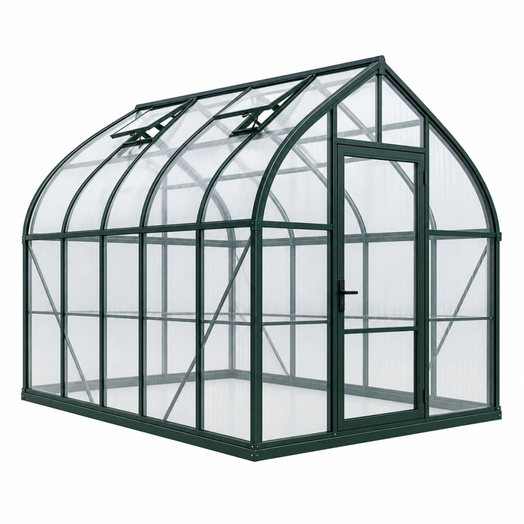 Gewächshaus 244 x 193 x 202 cm Aluminium Polycarbonat Dunkelgrün mit Runddach und Dachfenstern