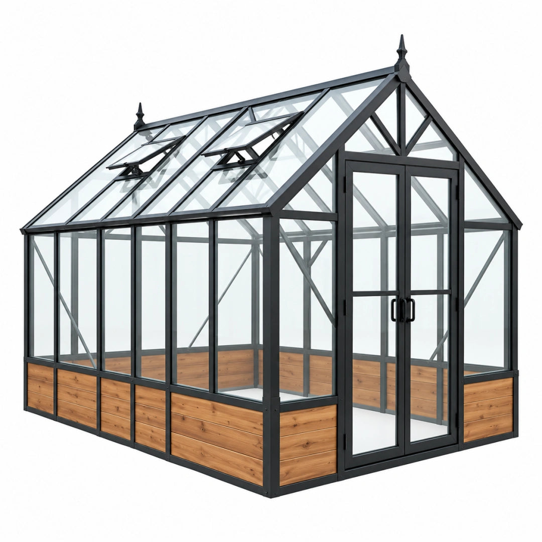 Gewächshaus 240x190x230 cm mit Metallrahmen Glasflächen Holzverkleidung und Doppeltür