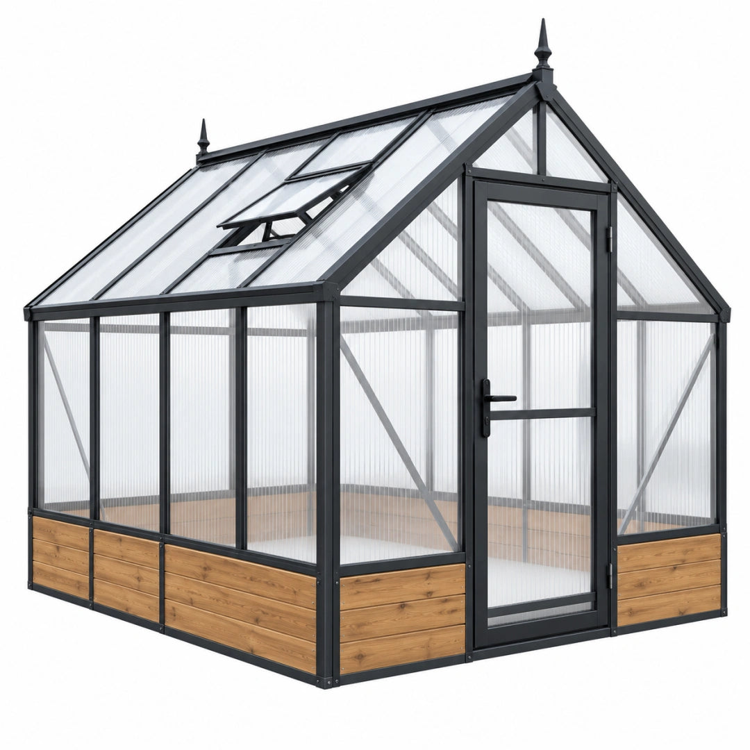 Gewächshaus 190 x 125 x 220 cm aus Metall Holz und Polycarbonat - Schwarz Natur mit Tür und Dachfenster