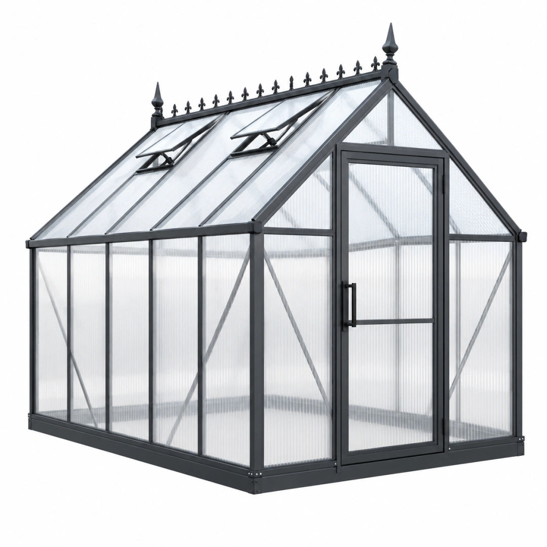 Gewächshaus 190 x 190 x 195 cm Aluminium Schwarz mit Polycarbonatplatten Viktorianischer Stil