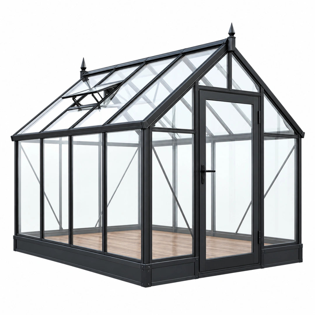Gewächshaus 300 x 250 x 290 cm schwarzes Metall und transparente Verglasung mit Tür und Dachfenster