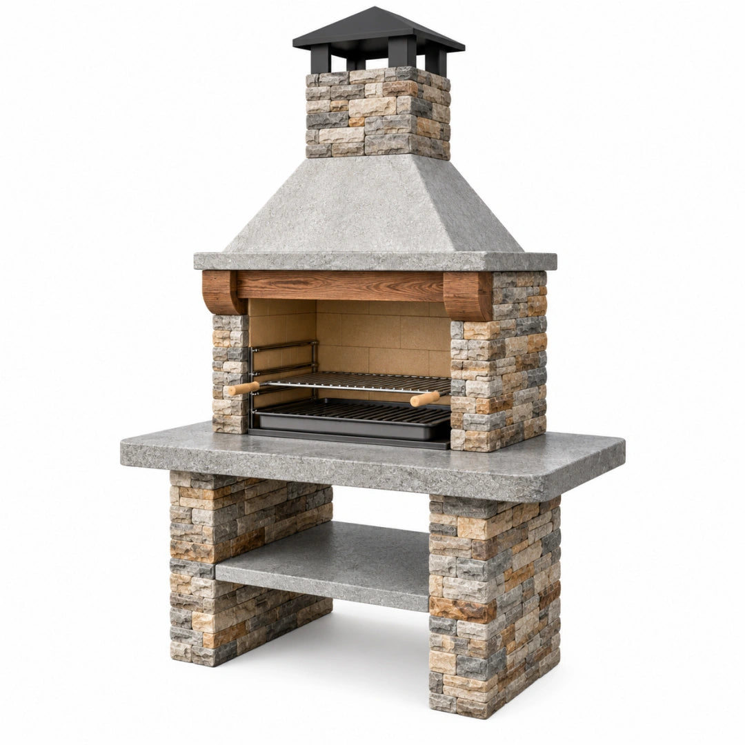 Grillkamin 120 x 70 x 220 cm Naturstein Grau für Außenbereich mit Kaminabzug