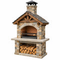 Gartengrill 120 x 80 x 220 cm aus Naturstein und Holz mit Kamin und Holzfach