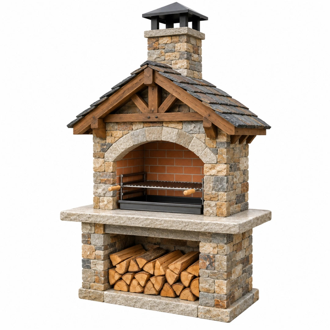 Gartengrill 120 x 80 x 220 cm aus Naturstein und Holz mit Kamin und Holzfach