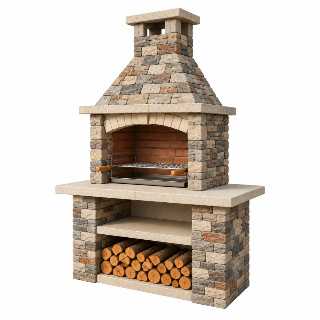 Grillkamin 120 x 70 x 220 cm aus Stein Beige Grau für den Garten mit Holzfach