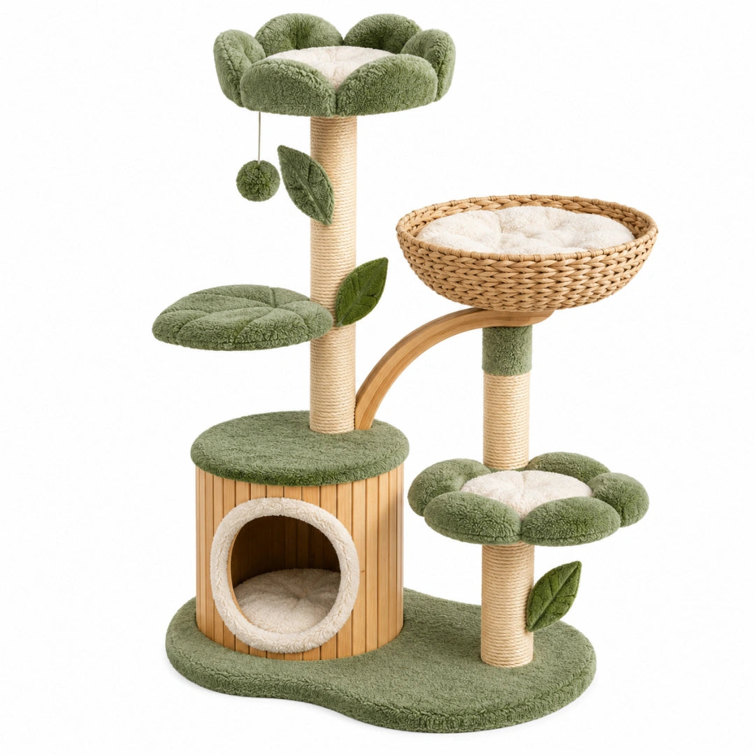 Katzenkratzbaum 60 x 50 x 120 cm Grün Naturfarben aus Sisal Plüsch und Holz mit Liegeflächen Höhle und Spielball