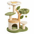 Kratzbaum 90 x 60 x 145 cm aus Sisal und Plüsch Grün Beige mit Katzenhöhle Spielbällen und Blumenstil