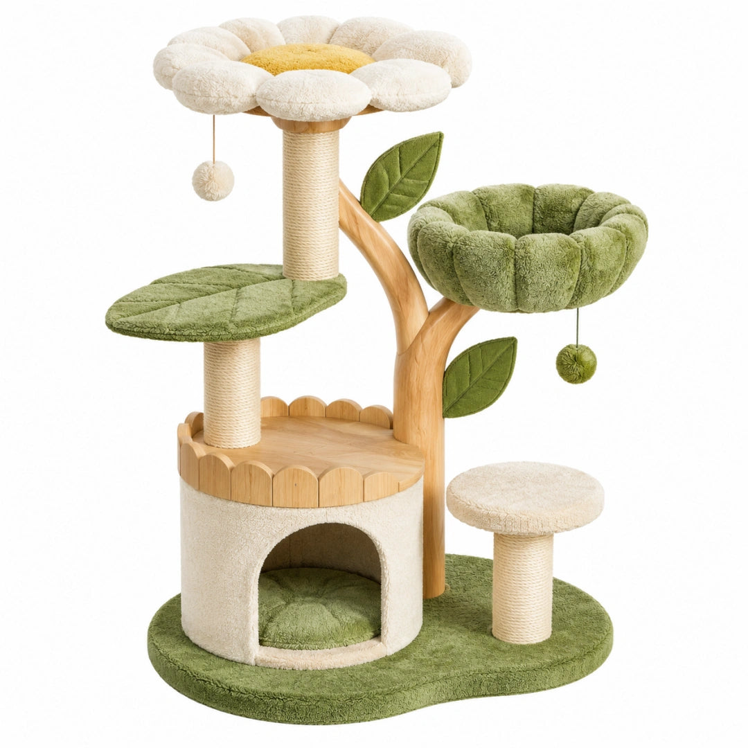 Kratzbaum 90 x 60 x 145 cm aus Sisal und Plüsch Grün Beige mit Katzenhöhle Spielbällen und Blumenstil