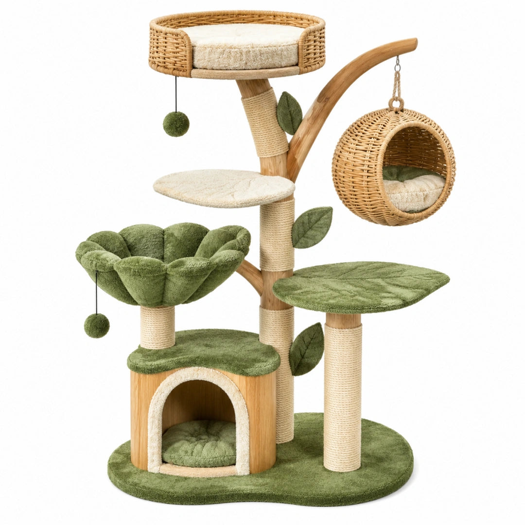 Katzenkratzbaum 70 x 55 x 145 cm aus Holz Rattan und Sisal in Grün Natur mit Höhlen Liegeflächen und Kratzsäulen