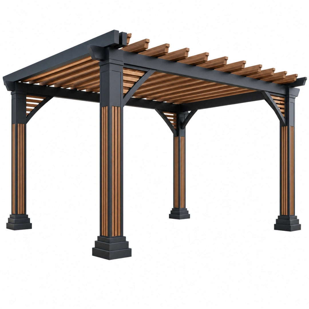 Pergola 400 x 300 x 250 cm aus Metall schwarz braun mit Lamellendach für Garten