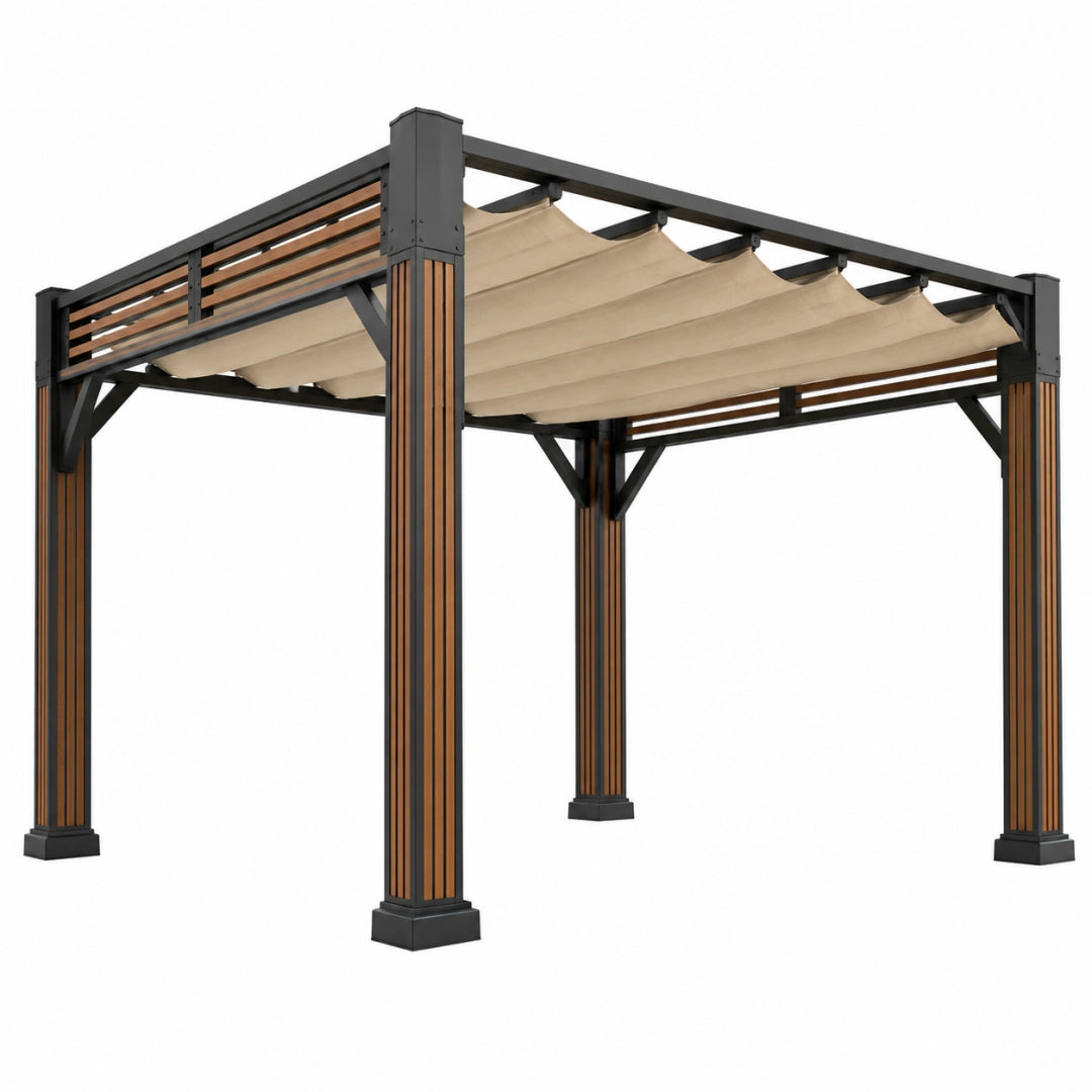 Pergola 300 x 300 x 230 cm aus Metall Schwarz Braun mit beigem Stoffdach