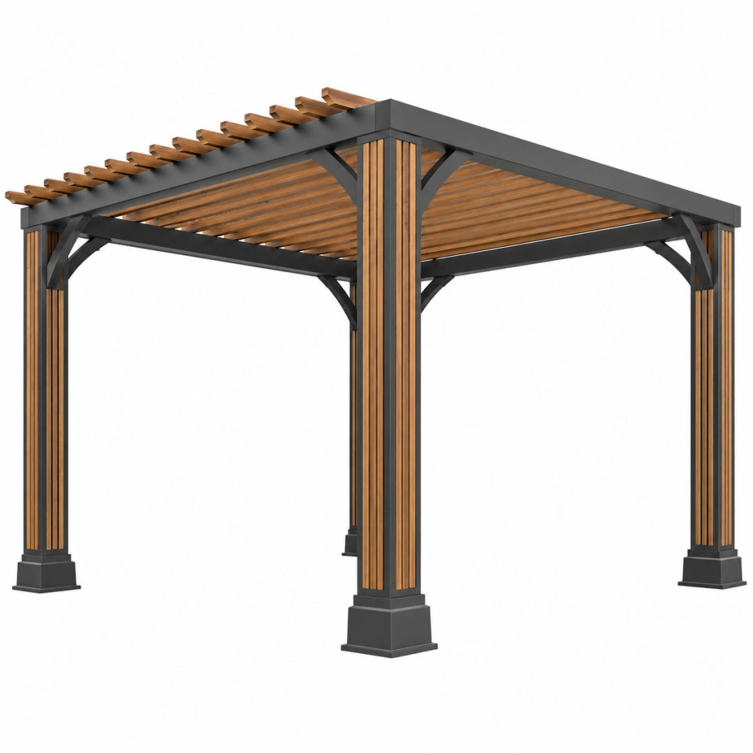 Pergola 300 x 300 x 240 cm aus Metall und Holz Braun Schwarz mit Lamellendach