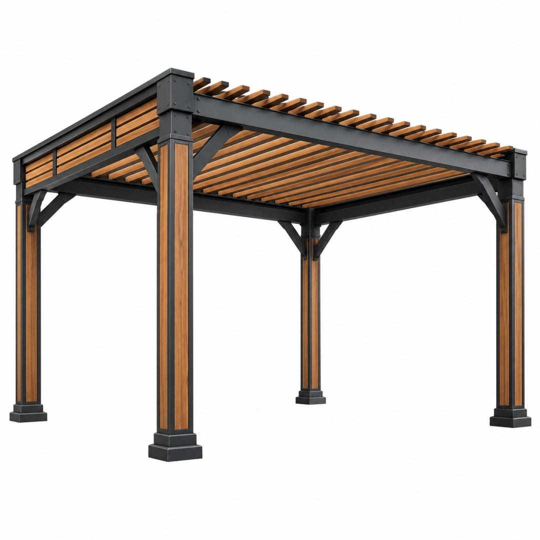 Pergola 300 x 300 x 240 cm aus Stahl und Holz in Schwarz/Natur - offene Lamellenkonstruktion für den Außenbereich