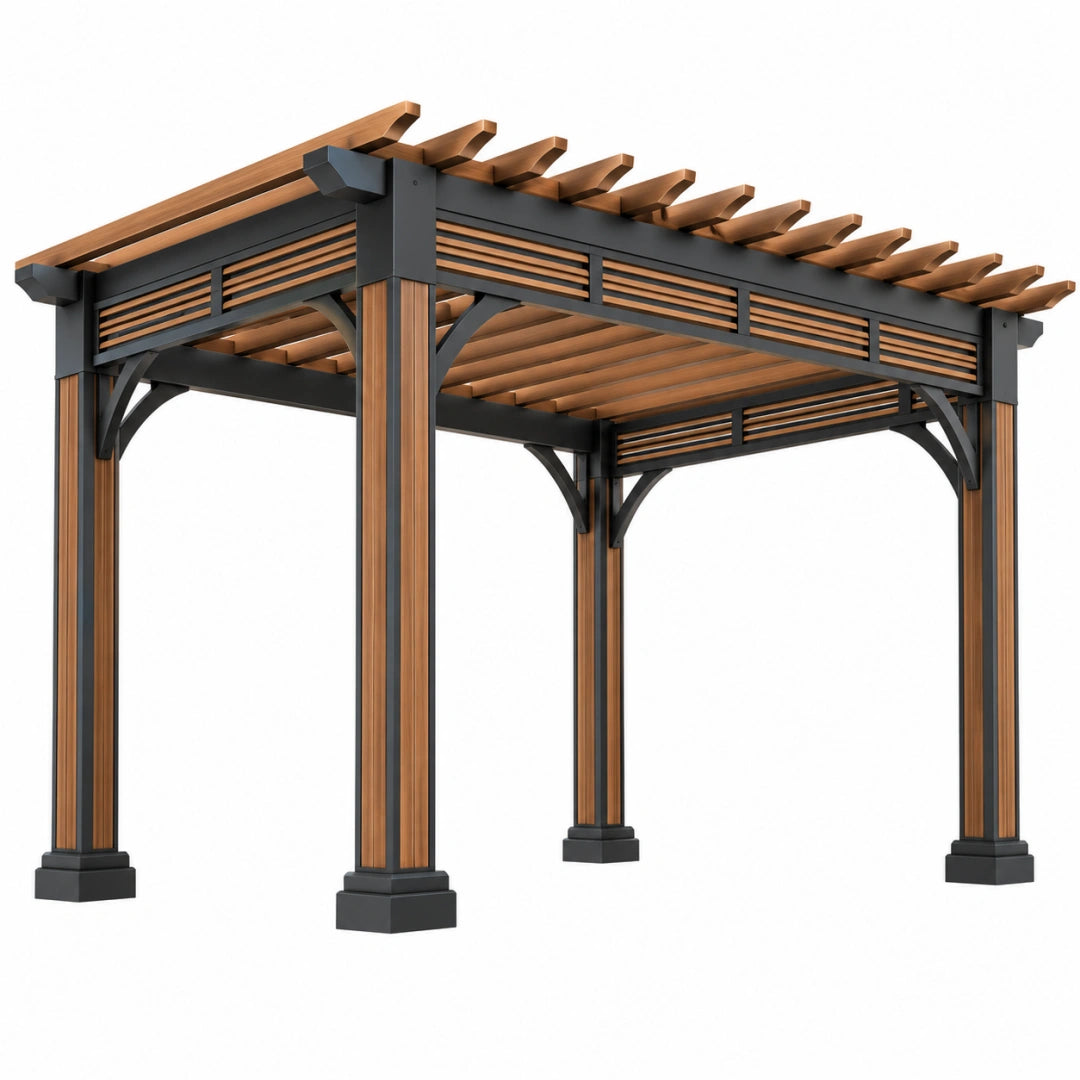 Gartenpergola 300 x 300 x 230 cm aus Metall in Schwarz Braun - Lamellendach für Terrasse und Garten