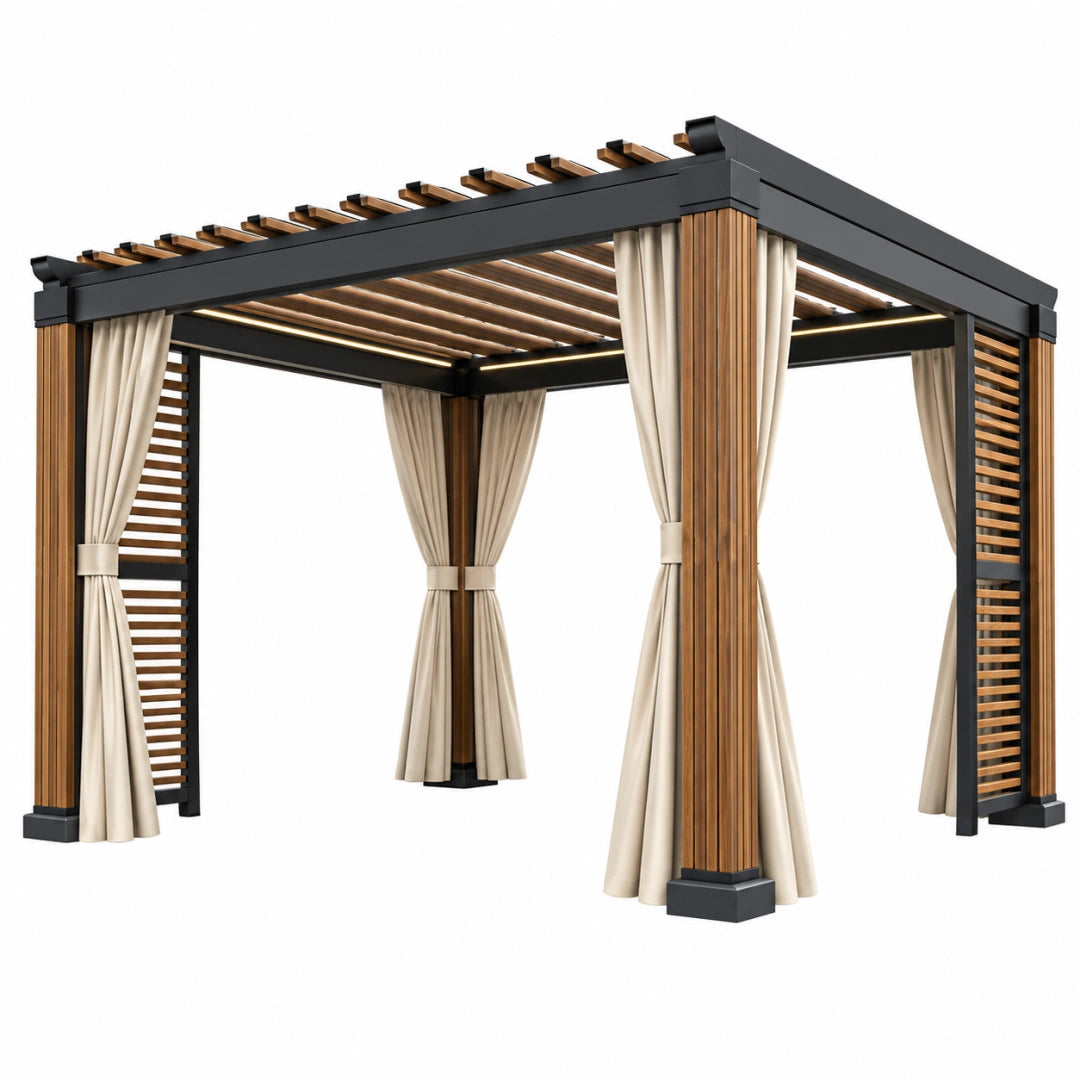 Pergola 300 x 300 x 230 cm Aluminium Holzoptik Schwarz Beige mit Lamellendach und Vorhängen