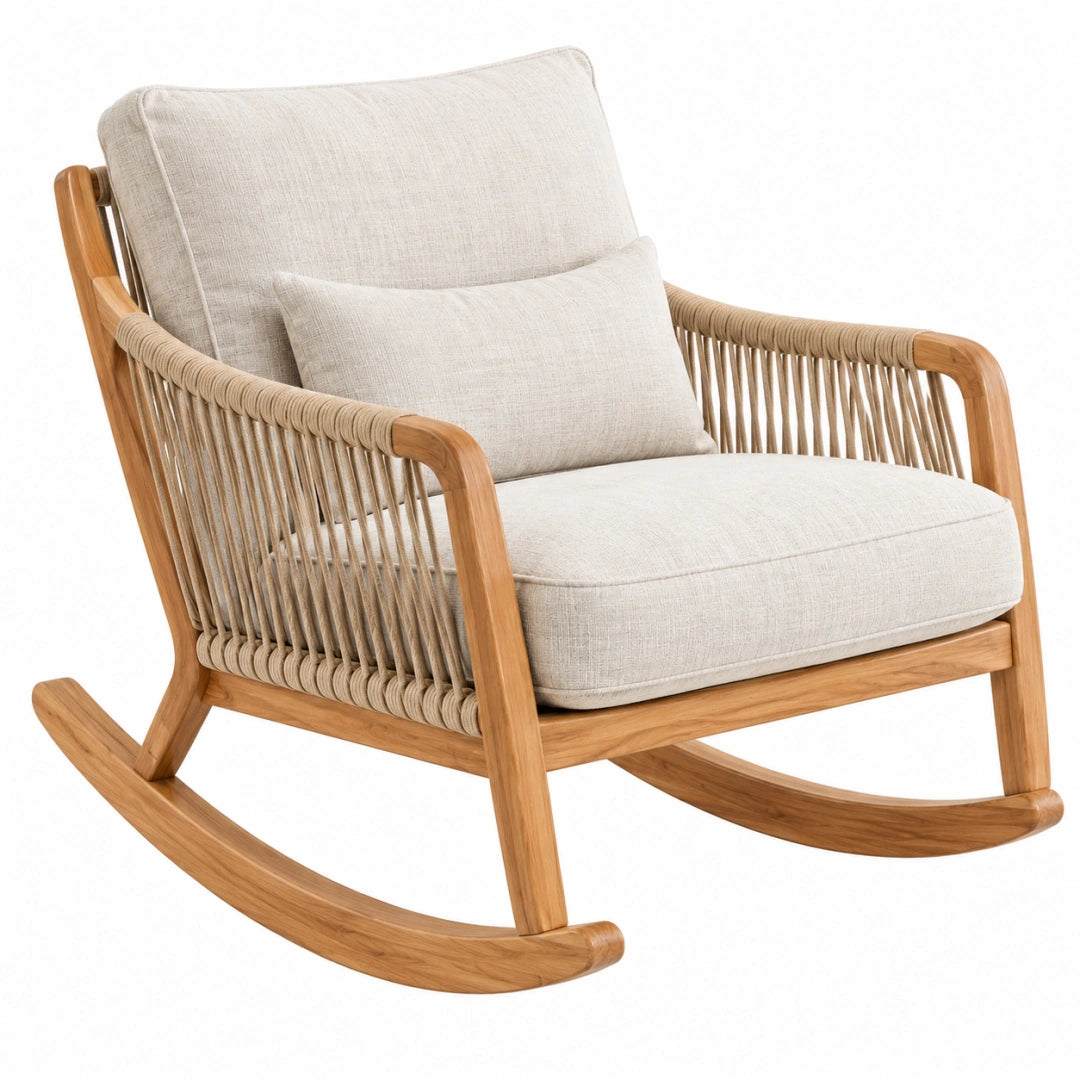 Schaukelstuhl 100 x 75 x 95 cm - Holz Beige mit Seilbespannung und Polsterung