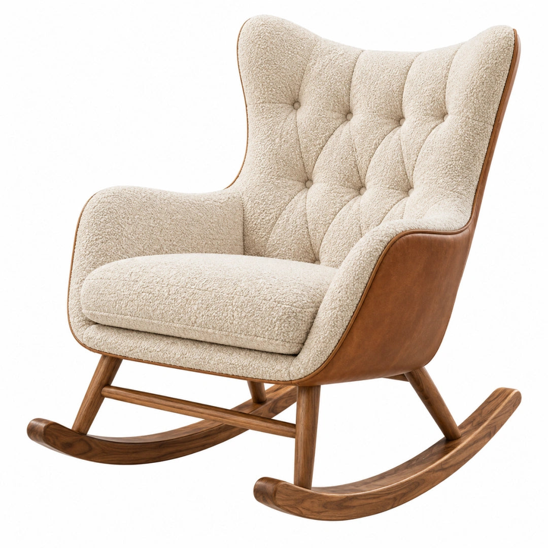 Schaukelstuhl 100 x 80 x 110 cm Creme Braun mit Bouclébezug Holzgestell und hoher Rückenlehne