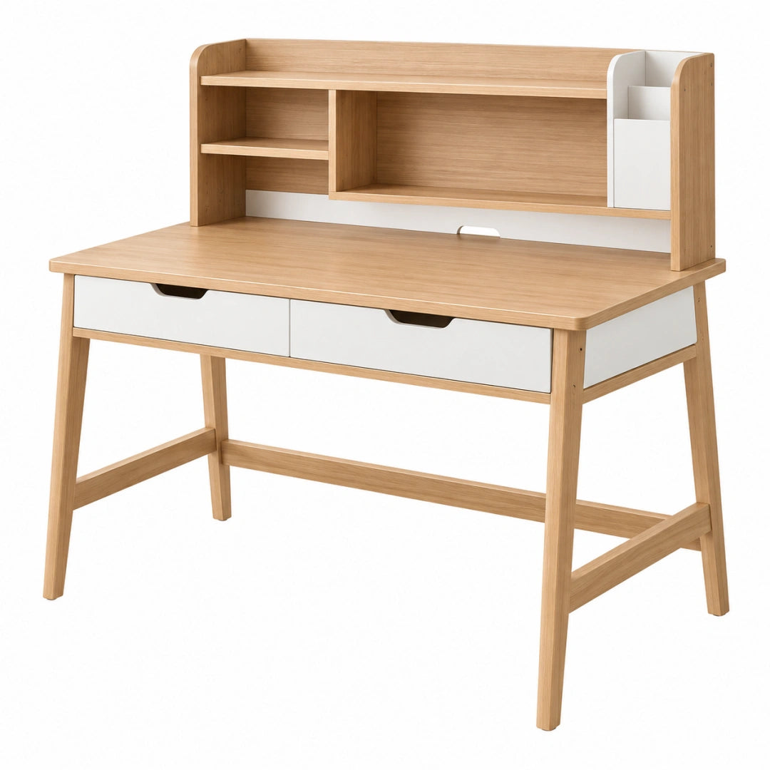 Schreibtisch 120 x 60 x 120 cm Holz Natur Weiß mit Aufsatz und Schubladen