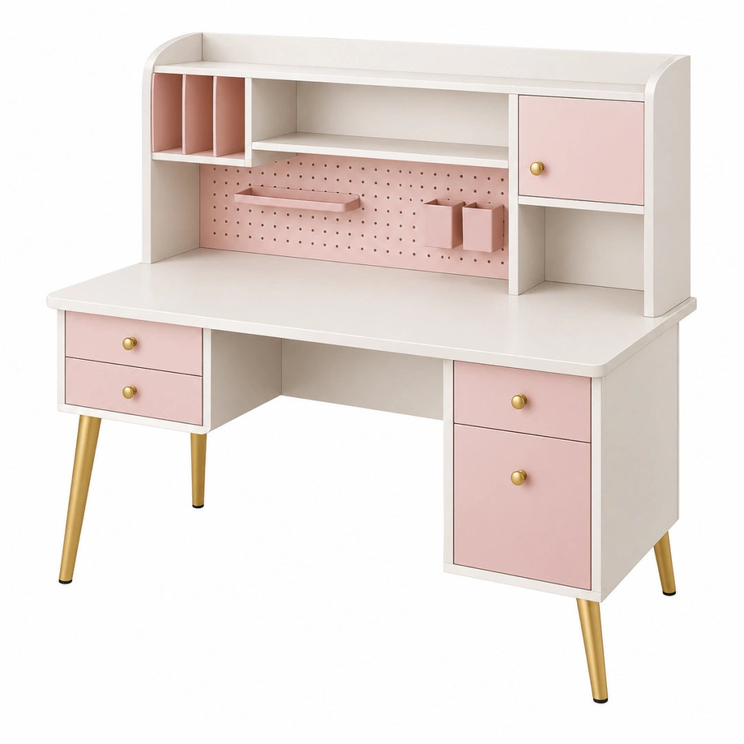 Schreibtisch 120 x 60 x 145 cm Holzwerkstoff Weiß Rosa mit Stauraum im Retro-Stil