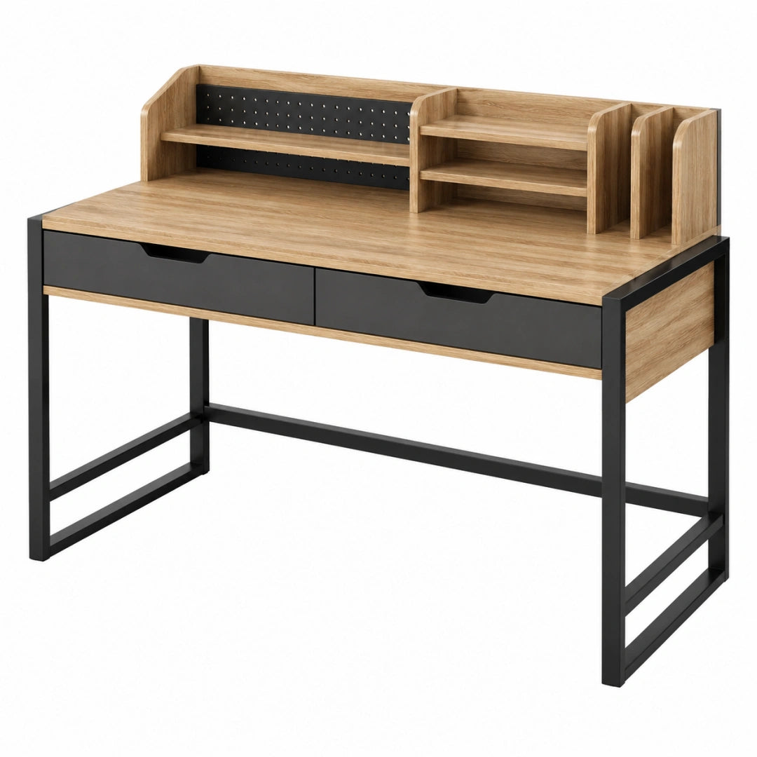 Schreibtisch 120 x 60 cm in Natur/Schwarz aus Holzwerkstoff und Metall mit 2 Schubladen und Aufsatzregal