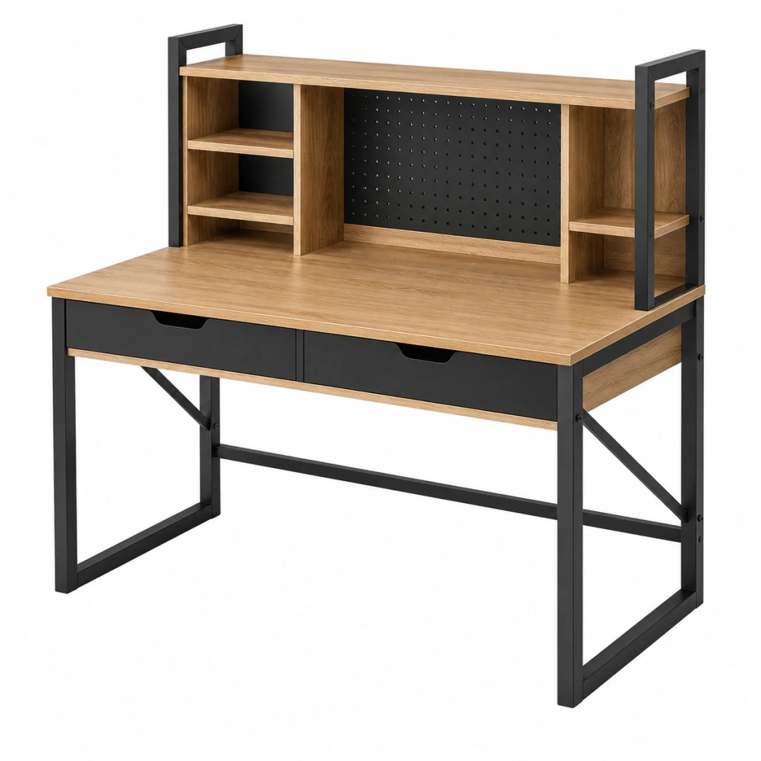 Schreibtisch 120 x 60 x 140 cm Holzoptik Schwarz mit Stauraum und Lochwand