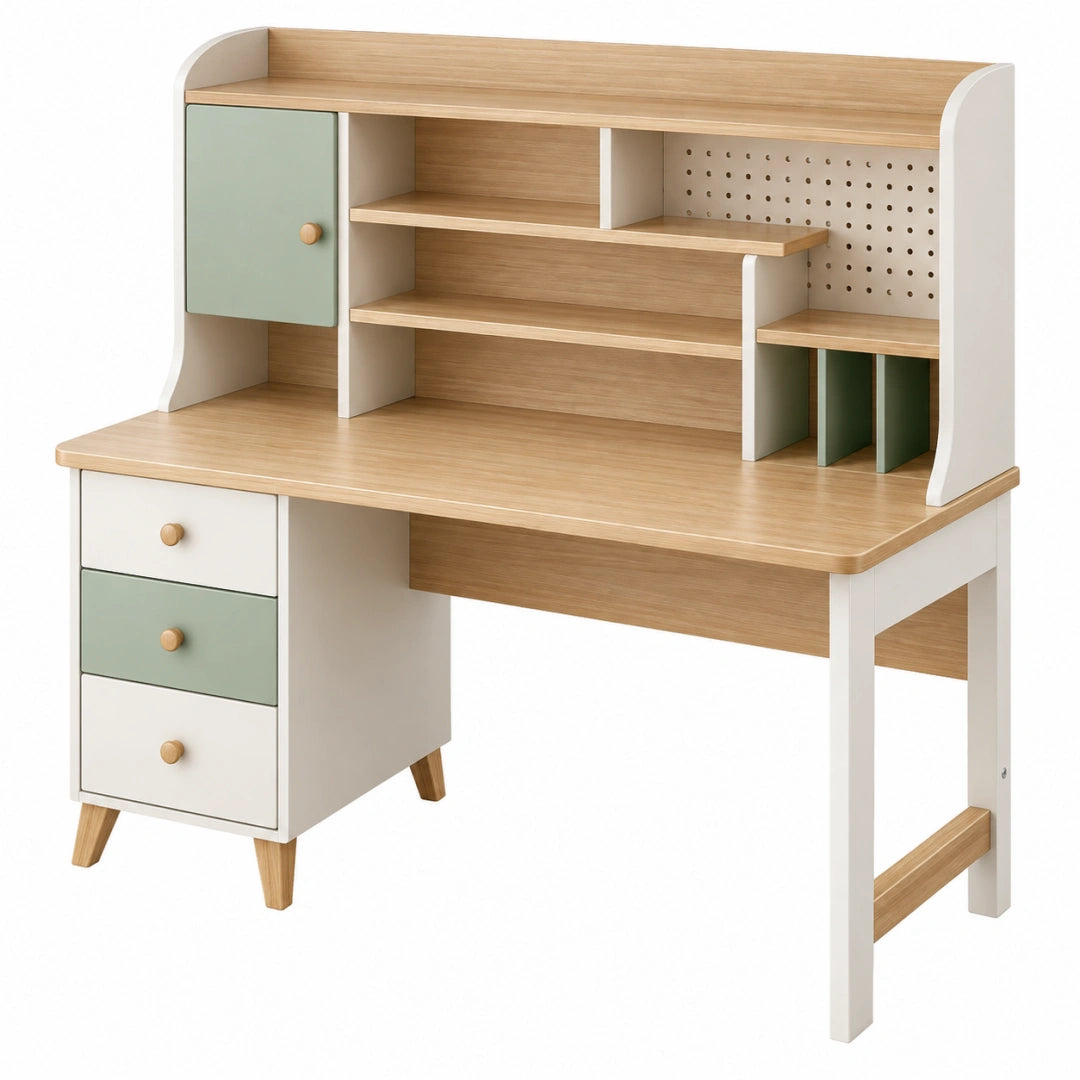 Kinderschreibtisch 100 x 60 x 145 cm Holzwerkstoff Weiß Naturholz Salbeigrün mit Stauraum