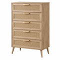 Kommode 80 x 40 x 120 cm in Natur Holzwerkstoff mit Rattangeflecht und 5 Schubladen im Retro-Stil