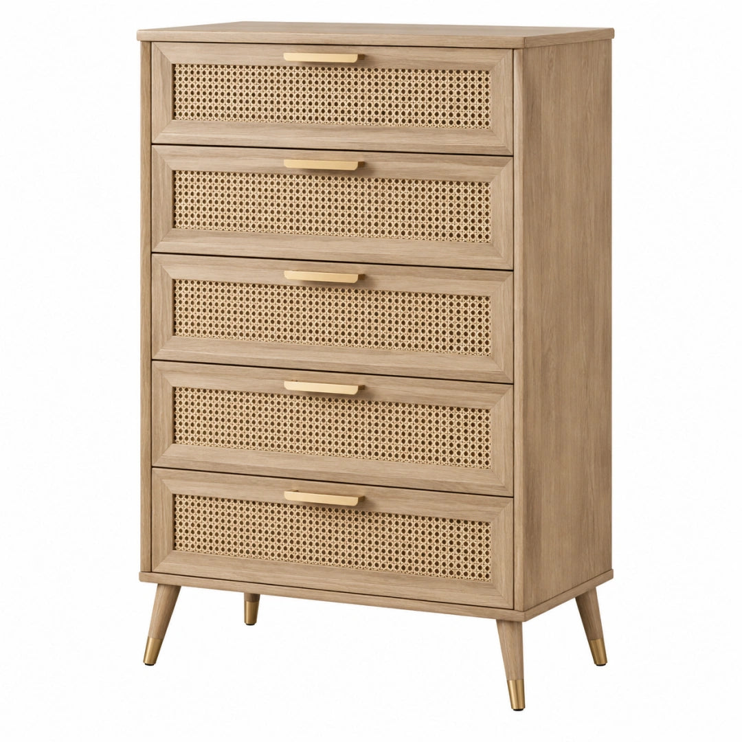 Kommode 80 x 40 x 120 cm in Natur Holzwerkstoff mit Rattangeflecht und 5 Schubladen im Retro-Stil