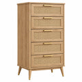 Kommode 80 x 40 x 150 cm Naturholz Rattan mit 5 Schubladen im Retro-Stil