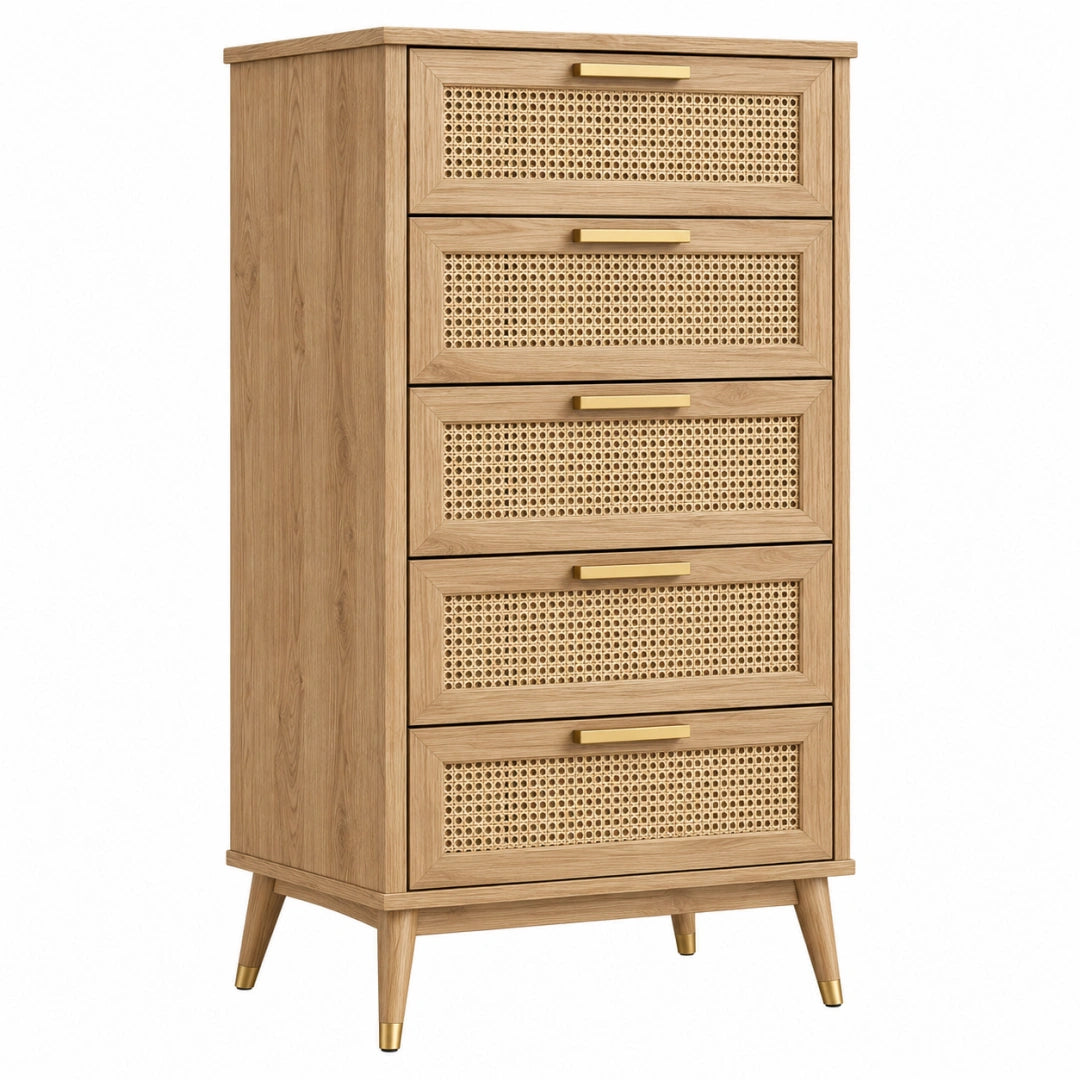 Kommode 80 x 40 x 150 cm Naturholz Rattan mit 5 Schubladen im Retro-Stil