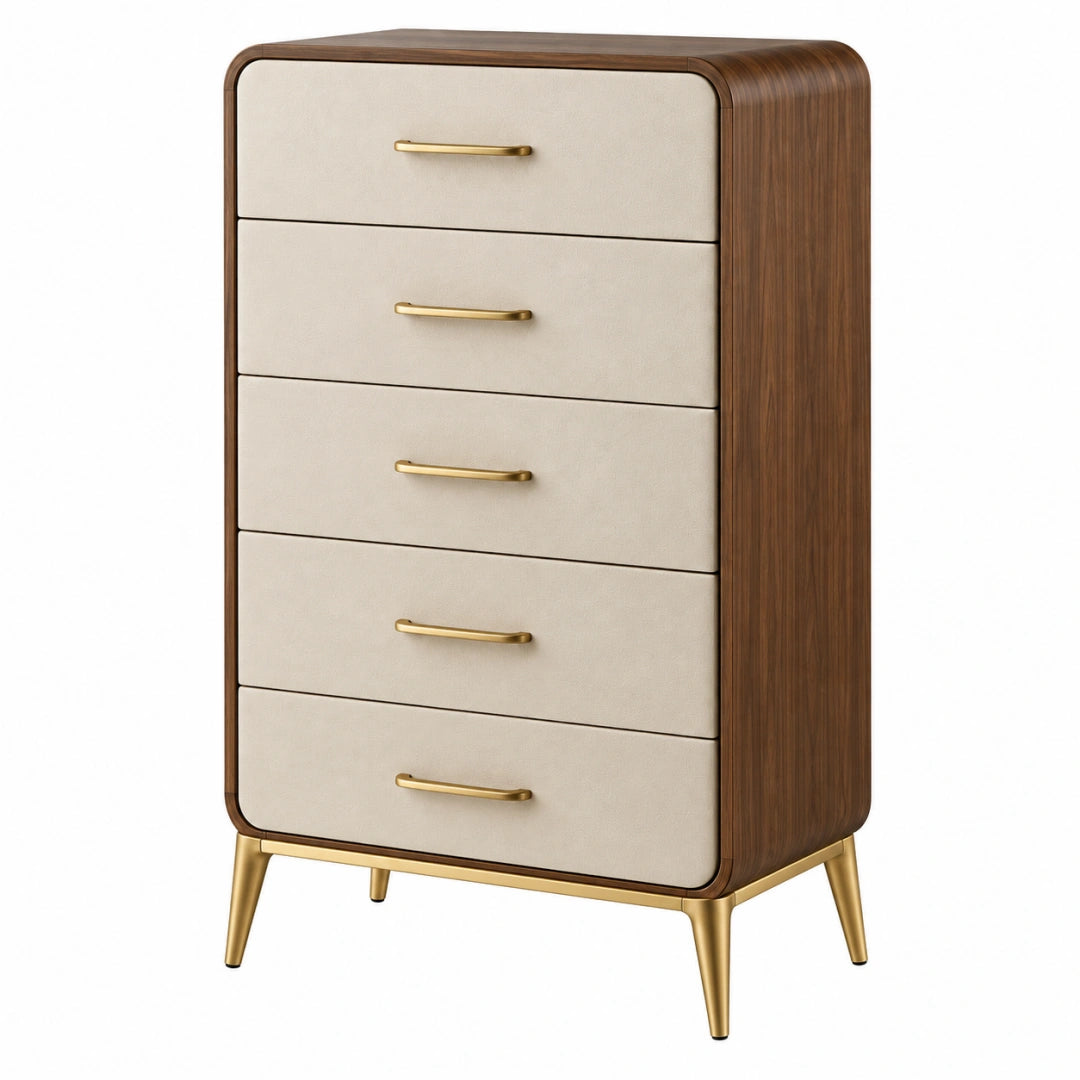 Kommode 80 x 45 x 130 cm Holz Braun Beige mit 5 Schubladen und Metallfüßen