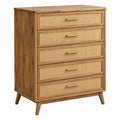 Kommode 90 x 45 x 120 cm aus Holz und Rattan Braun Natur mit 5 Schubladen im Retro Stil