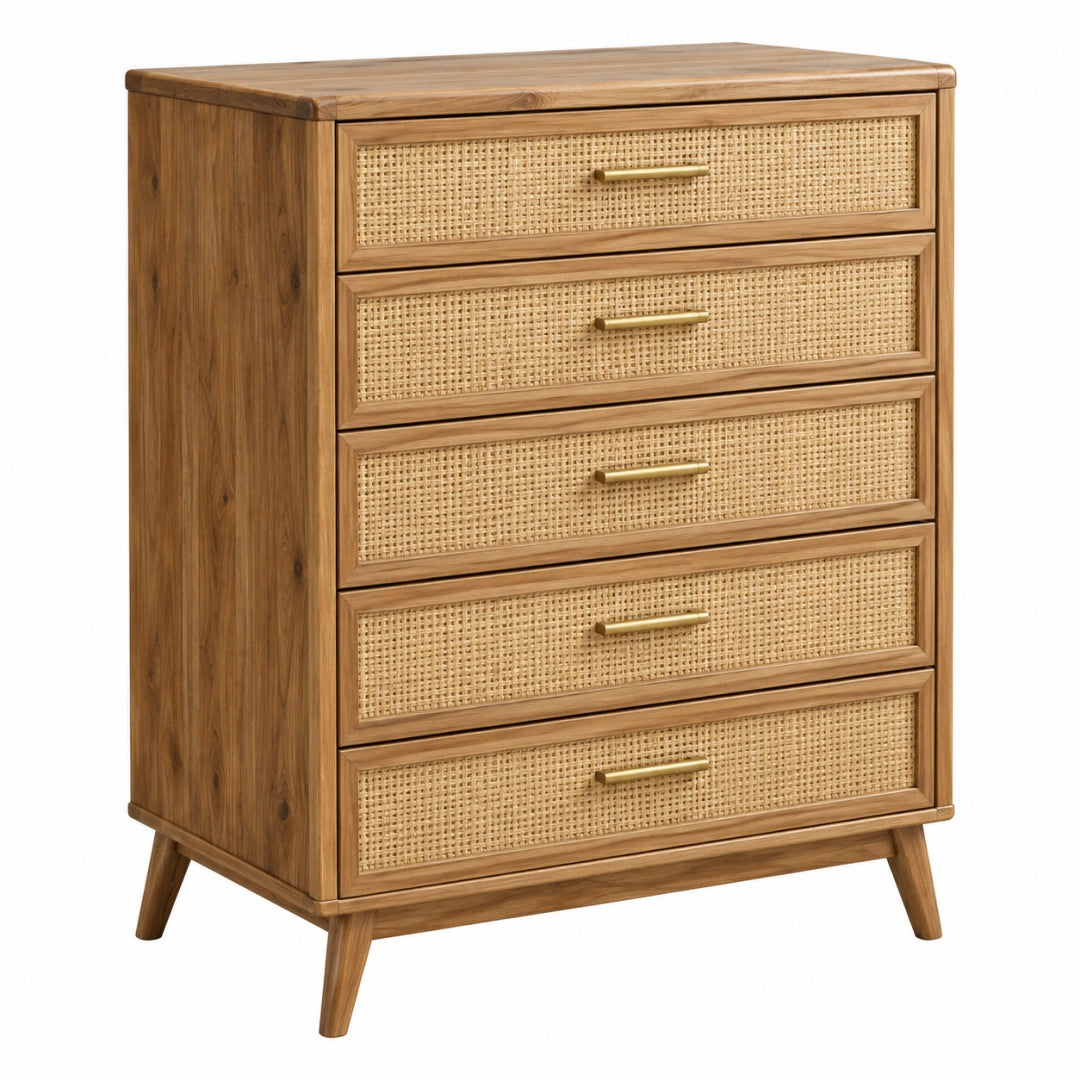 Kommode 90 x 45 x 120 cm aus Holz und Rattan Braun Natur mit 5 Schubladen im Retro Stil