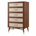 Kommode 80 x 45 x 130 cm Walnussbraun Holz mit Stofffronten fünf Schubladen Mid Century Stil