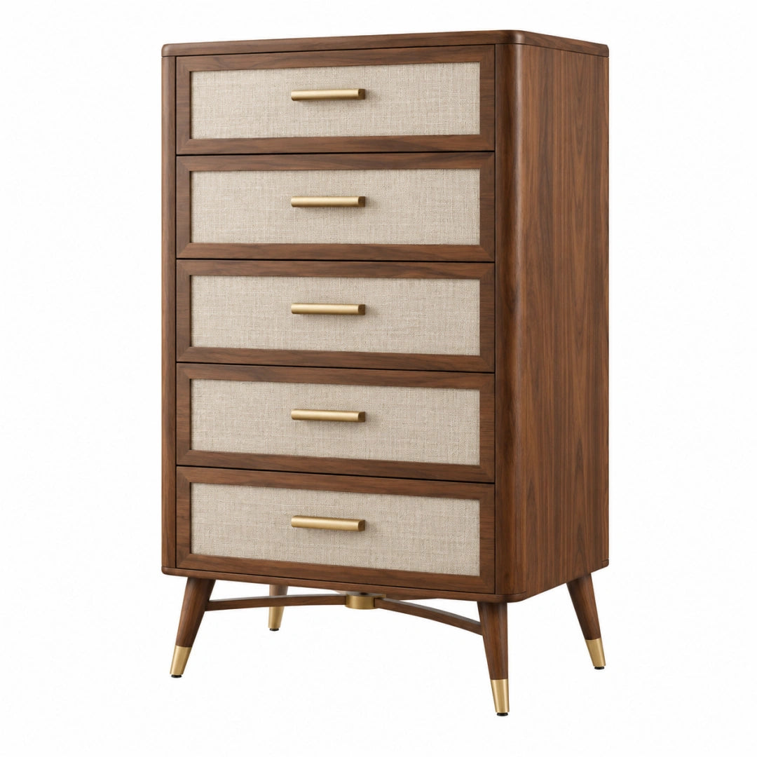 Kommode 80 x 45 x 130 cm Walnussbraun Holz mit Stofffronten fünf Schubladen Mid Century Stil