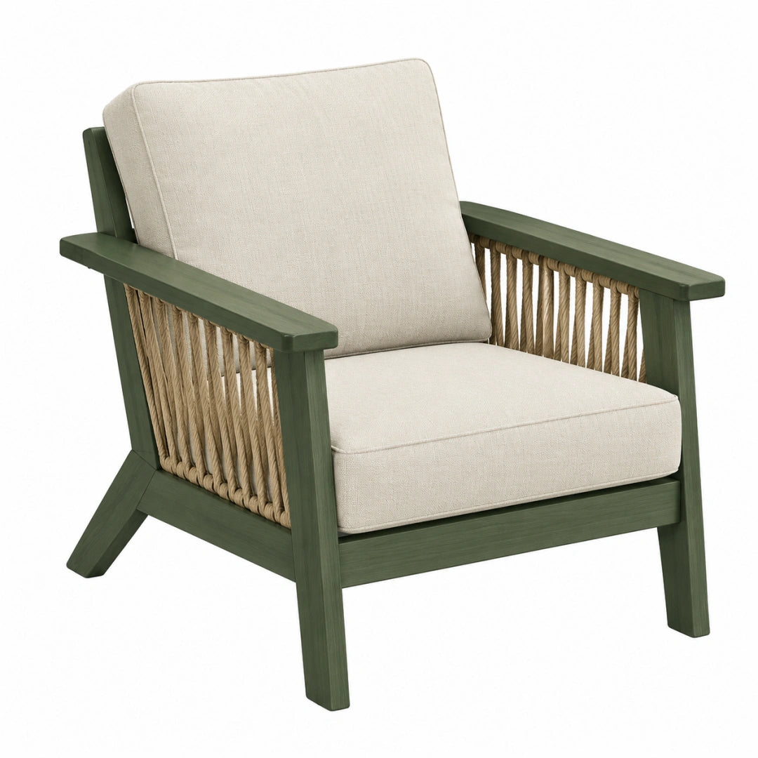 Gartensessel 75 x 80 x 85 cm Holz Grün Beige mit Seilbespannung