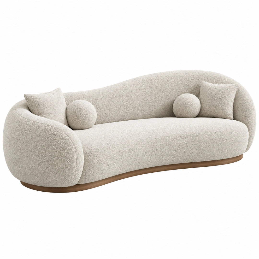 Sofa 220 x 95 x 75 cm in Creme mit Bouclé-Stoff und Holzsockel - organisches Design