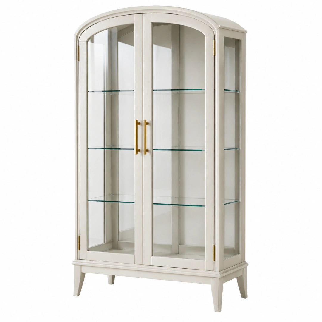 Vitrine 90 x 45 x 180 cm aus Holz und Glas in Cremeweiß mit 2 Türen im Landhausstil
