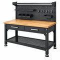 Werkbank 120 x 60 x 150 cm aus Stahl und Holz in Schwarz Natur mit Lochwand und Schubladen