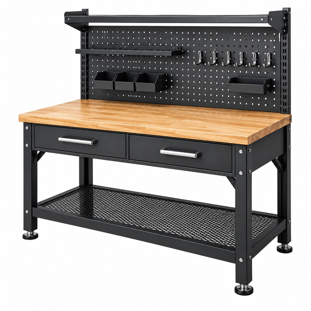 Werkbank 120 x 60 x 150 cm aus Stahl und Holz in Schwarz Natur mit Lochwand und Schubladen