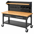 Werkbank 120 x 60 x 160 cm aus Metall und Holz Schwarz/Natur mit Lochwand Rollen und Schubladen