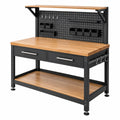 Werkbank 120 x 60 x 150 cm aus Stahl und Holz in Schwarz Natur mit Lochwand und Schubladen