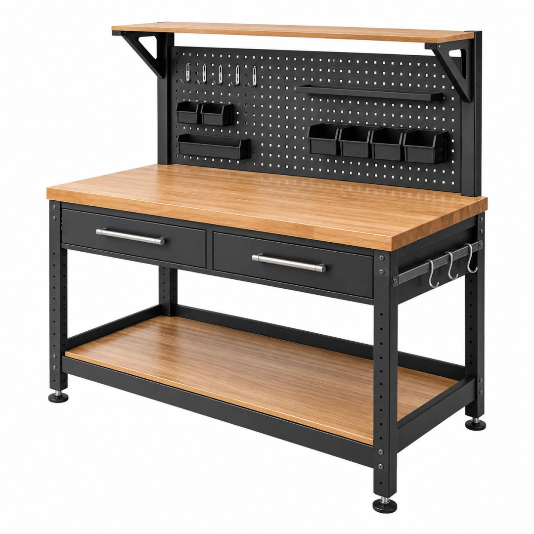 Werkbank 120 x 60 x 150 cm aus Stahl und Holz in Schwarz Natur mit Lochwand und Schubladen