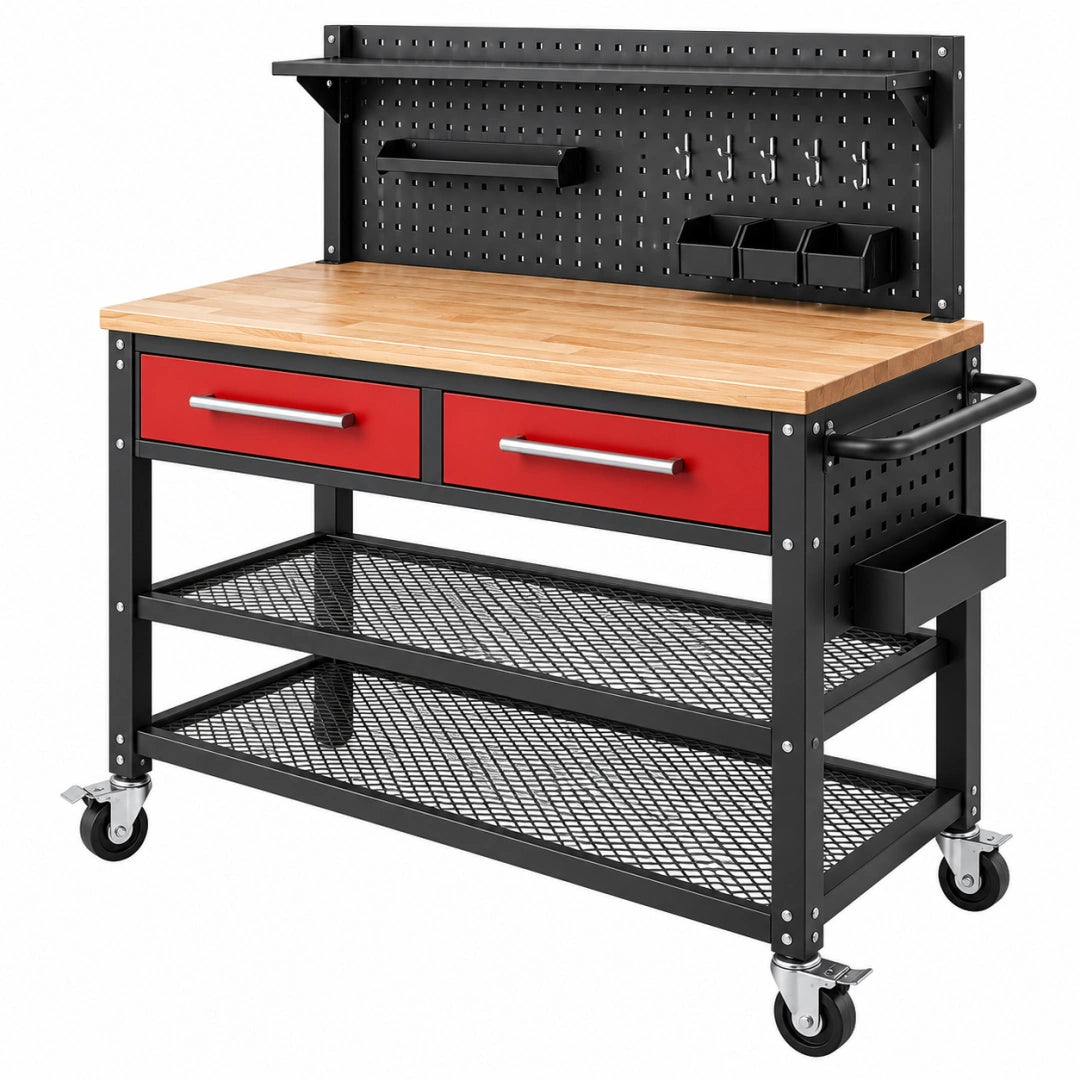 Werkbank 120 x 60 x 150 cm aus Stahl und Holz Schwarz Rot mit Lochwand Rollen und Schubladen