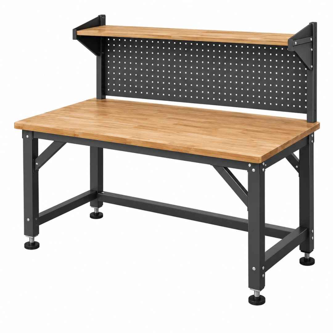 Werkbank 120 x 60 x 140 cm aus Stahl und Bambus Schwarz/Natur mit Lochwand und Ablage
