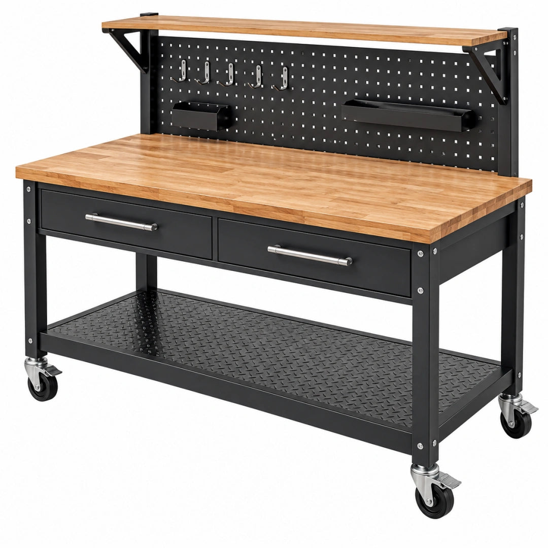 Werkbank 120 x 60 x 94 cm mit Holzarbeitsplatte Stahlgestell Rollen und Lochwand